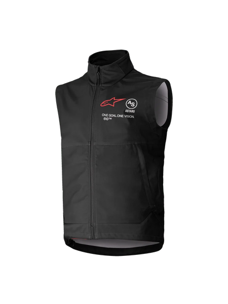 Alpinestars Youth Techstar Softshell Vest, Black, Sleeveless Motocross Vest with Red Star Logo, High Collar, Front Zipper, "ONE GOAL. ONE VISION." Branding, Light Gray Interior Lining, Youth Motorsports Apparel