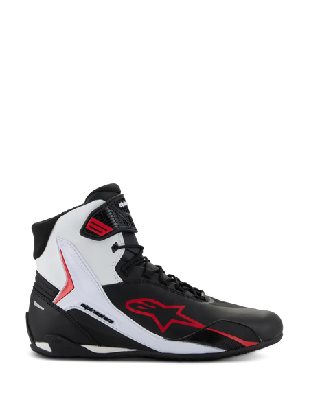 Alpinestars Faster-4 Shoes, High-top Motorcycle Riding Shoes, Black White and Red, featuring a large red star logo, white side panel with Alpinestars branding, and sporty road-riding design