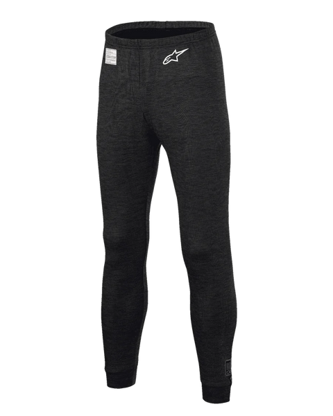 Alpinestars Race V3 Bottom, Auto Racing Base Layer Pants, Black, featuring flame-resistant textured fabric, white star logo on the thigh, FIA certification label on the waistband, full-length technical undergarment for professional motorsport