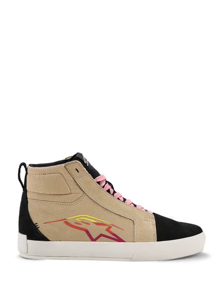 Alpinestars Ride-63 Canvas Shoes, High-Top Sneakers, Beige and Black, Pink Laces, White Sole, Multicolored Star Logo in Red and Yellow, Suede-Like Texture, Casual Motorsport-Inspired Footwear