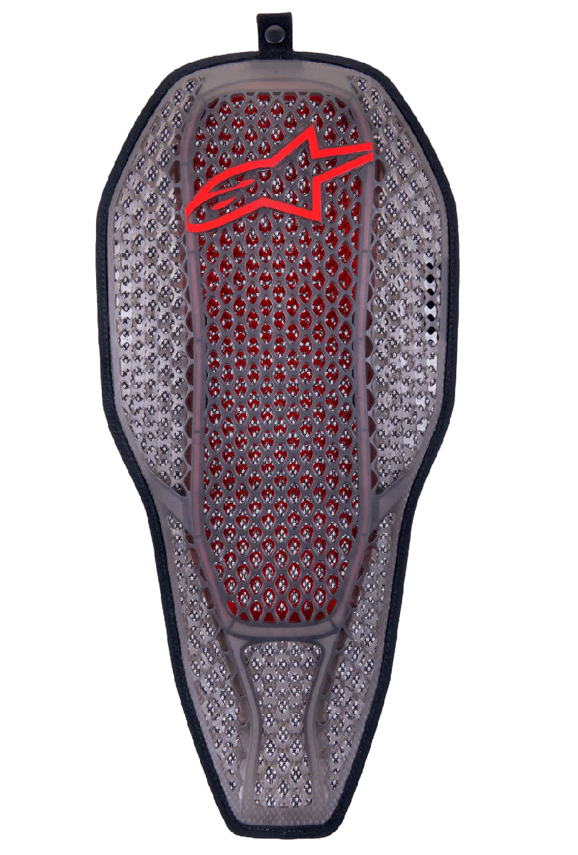 Alpinestars Nucleon Flex Proi Full Back Protector Insert, Transparent Smoke Red, smoke gray hexagonal cell structure with red inner core, red Alpinestars logo at the top, ergonomic elongated shield shape, highly ventilated motorcycle protection gear