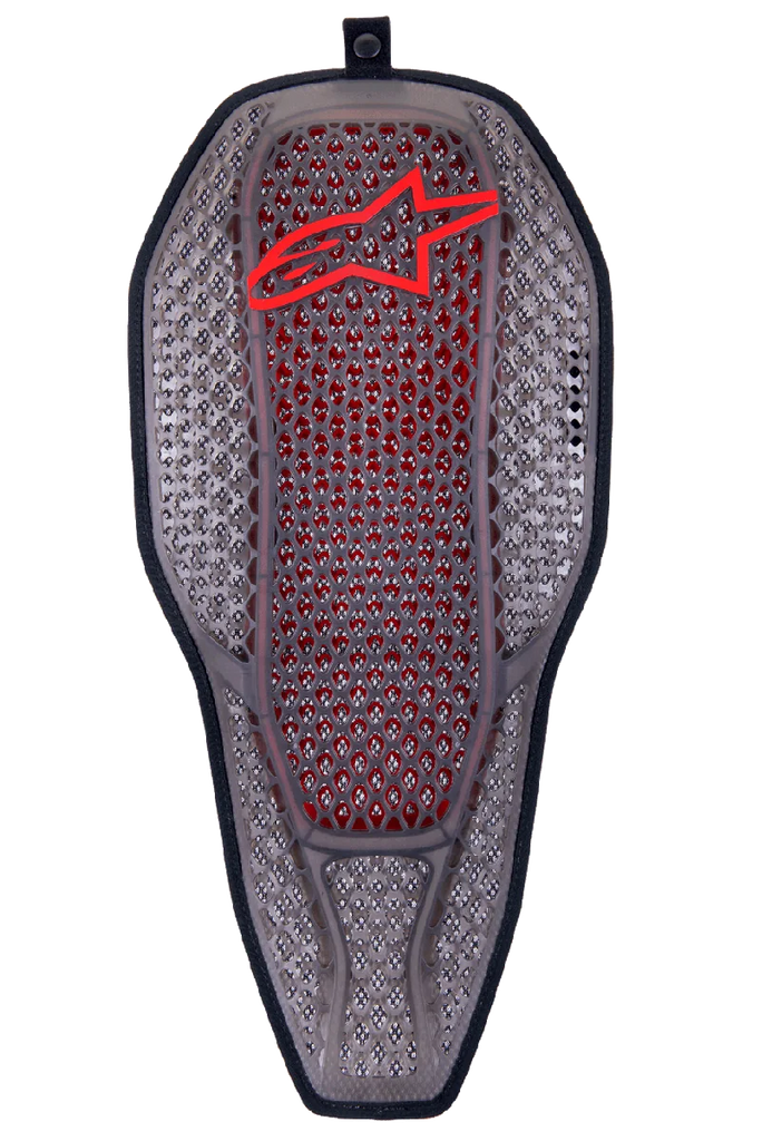Alpinestars Nucleon Flex Proi Full Back Protector Insert, Transparent Smoke Red, smoke gray hexagonal cell structure with red inner core, red Alpinestars logo at the top, ergonomic elongated shield shape, highly ventilated motorcycle protection gear