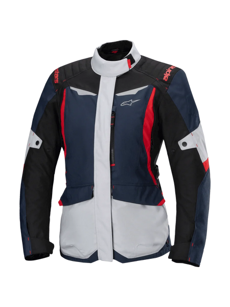 Alpinestars Stella ST-1 Waterproof Jacket, women's motorcycle touring jacket, Dark Blue, Black, and Bright Red, featuring light gray panels, high collar, front zipper, and adventure-inspired design with angular shapes and cargo pockets