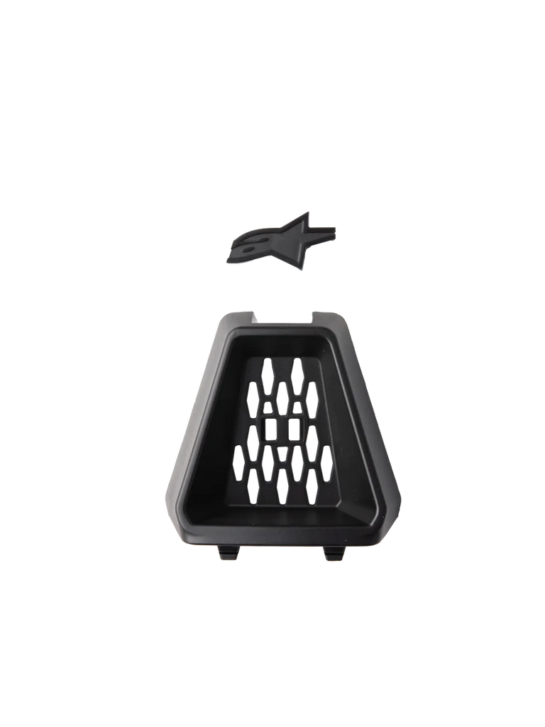 Alpinestars S-M3 Chin Vent, Helmet Accessory, Black, official replacement part featuring a trapezoidal plastic vent with a honeycomb pattern and a separate black Astars logo insert, designed for off-road motorcycle helmets.
