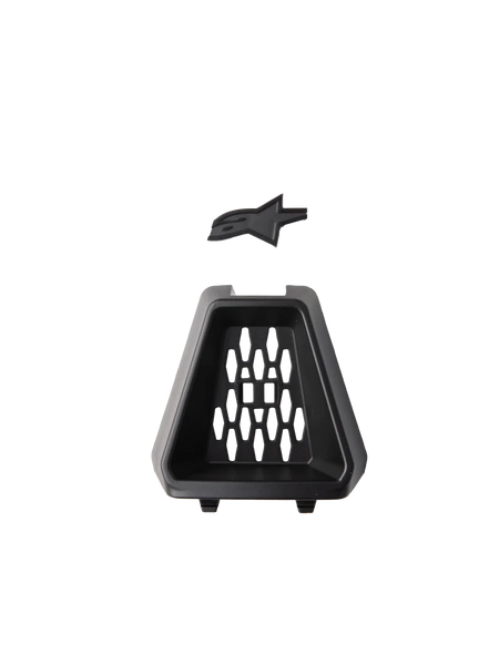Alpinestars S-M3 Chin Vent, Helmet Accessory, Black, official replacement part featuring a trapezoidal plastic vent with a honeycomb pattern and a separate black Astars logo insert, designed for off-road motorcycle helmets.