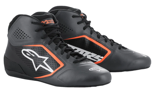 Alpinestars Tech-1 K Start V2 Shoes, Karting Shoes, Asphalt Black and Orange Fluo, featuring a perforated microfiber upper with bright orange accents, white Astar logo on the side, and a sleek low-profile racing design