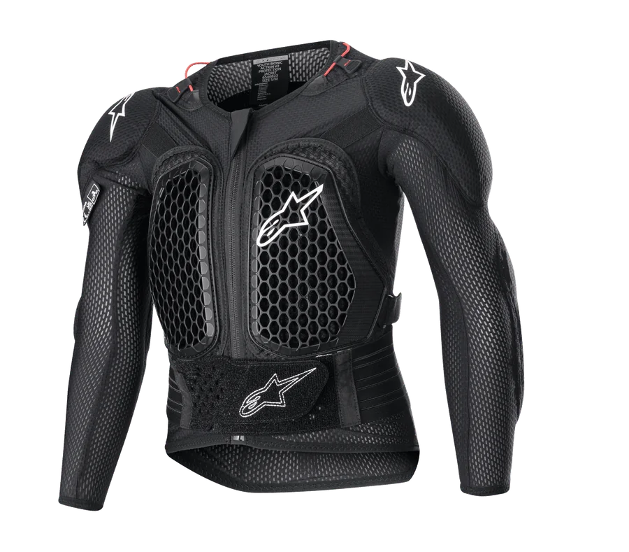 Alpinestars Youth Bionic Action V2 Protection Jacket, Motocross Body Armor, Black with white logos and red accents, honeycomb ventilation pattern on chest and shoulders, adjustable waist strap, durable impact protection for young riders