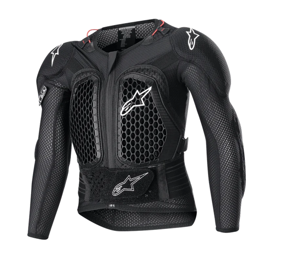 Alpinestars Youth Bionic Action V2 Protection Jacket, Motocross Body Armor, Black with white logos and red accents, honeycomb ventilation pattern on chest and shoulders, adjustable waist strap, durable impact protection for young riders