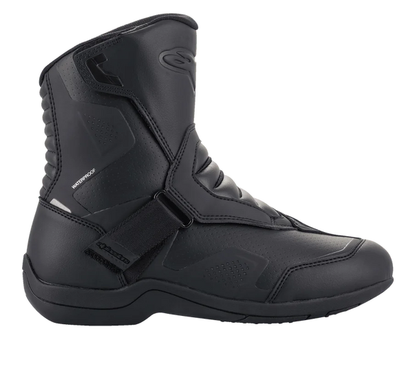 Alpinestars Ridge V2 Waterproof Boot, Side View of Black Tech Touring Motorcycle Boot, Durable Microfiber Construction with Perforated Panels, Wide Velcro Strap Closure, Accordion Flex Zones at the Ankle, Sleek Waterproof Design for All-Weather Road Riding