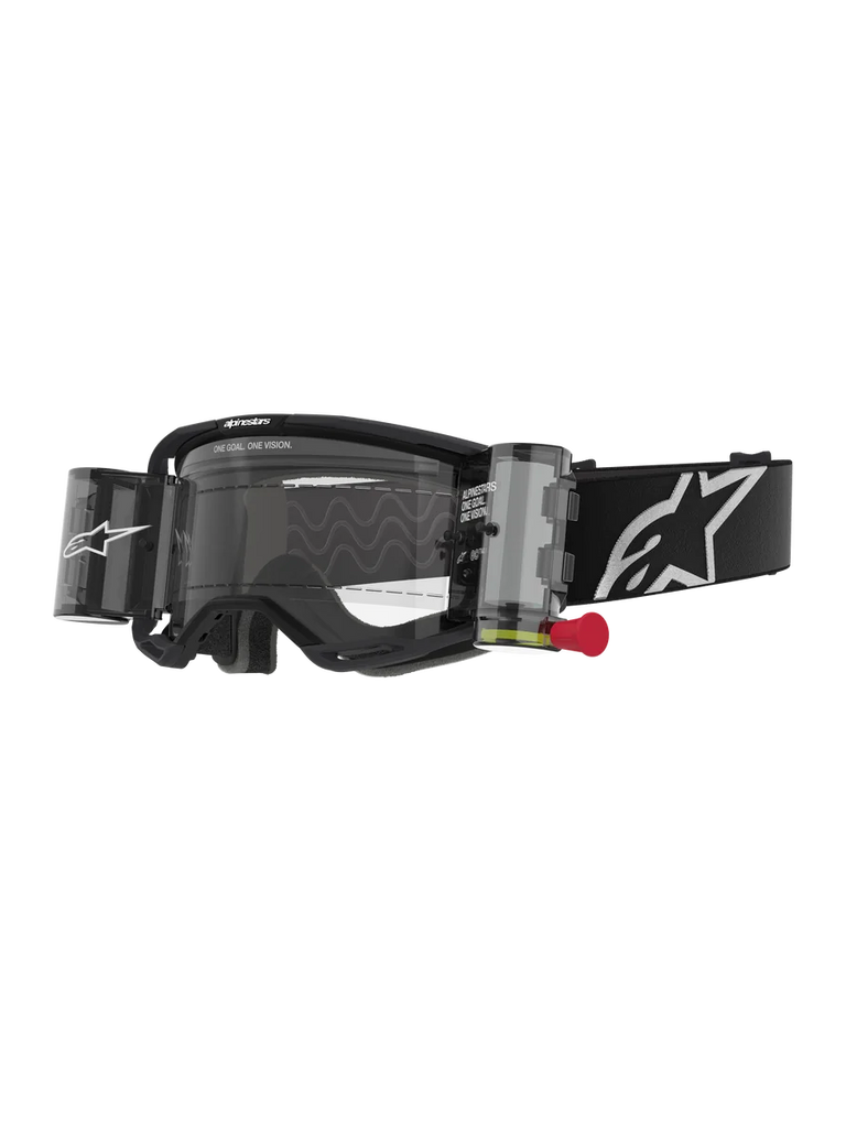 Alpinestars Vision 8 Corp Goggles Roll Off, Motocross Goggles, Black and Clear, integrated roll-off system with red pull-tab, black strap with white logo, wavy lens pattern with "ONE GOAL. ONE VISION." text, performance eye protection for off-road racing