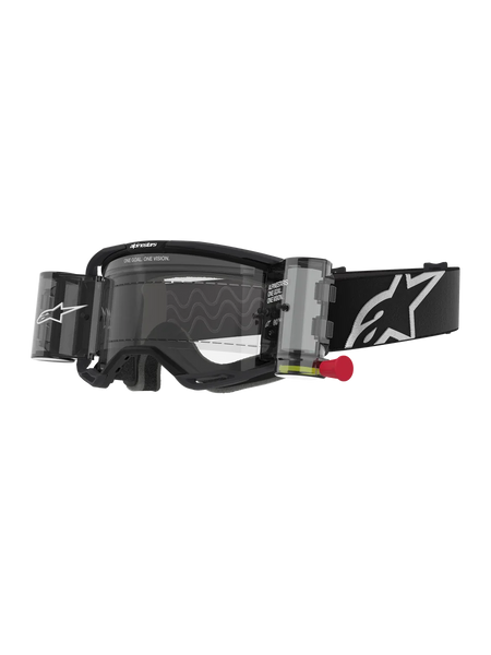 Alpinestars Vision 8 Corp Goggles Roll Off, Motocross Goggles, Black and Clear, integrated roll-off system with red pull-tab, black strap with white logo, wavy lens pattern with "ONE GOAL. ONE VISION." text, performance eye protection for off-road racing