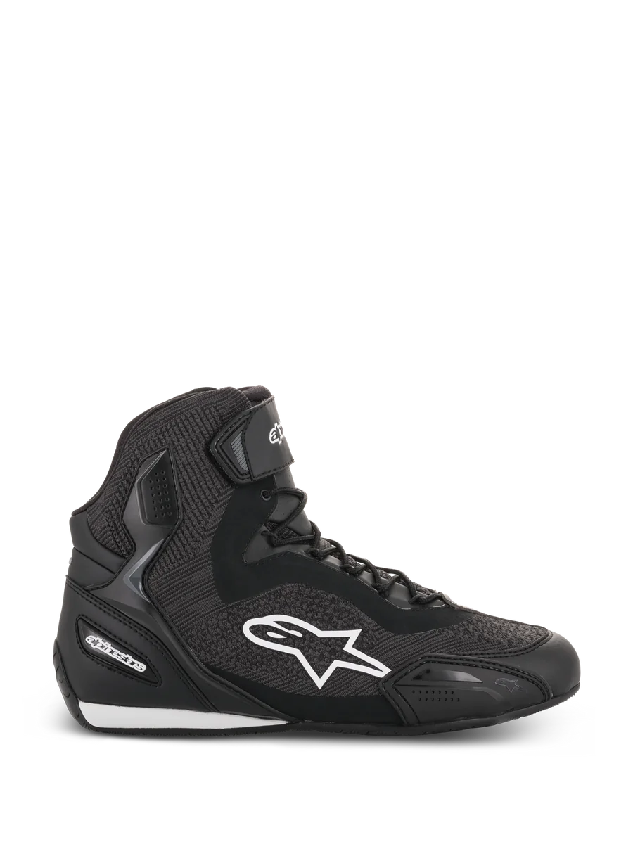 Alpinestars Faster-3 Rideknit Shoes, Black high-top motorcycle riding shoe, white star logo, textured knit and mesh construction, lace closure with ankle strap, reinforced heel and toe, low-profile sole with white accents