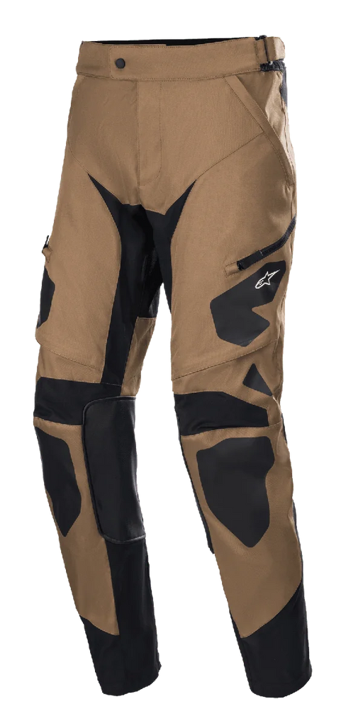 Alpinestars Venture XT Pants In Boot, Motorcycle Adventure Pants, Camel and Black, featuring reinforced black panels on knees and thighs, side zipper pocket, durable textured fabric, and a tapered leg design for off-road and touring