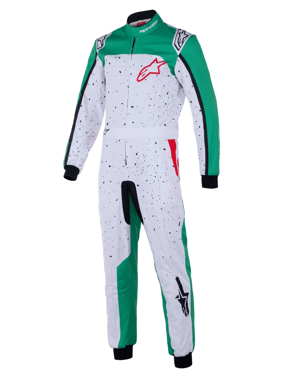 Alpinestars Youth KMX-9 V3 Graphic 6 Suit, Karting Racing Suit, White Green and Red, featuring a black speckled pattern on a white base, green panels, integrated waist belt, black cuffs, and red logo accents, youth motorsport apparel