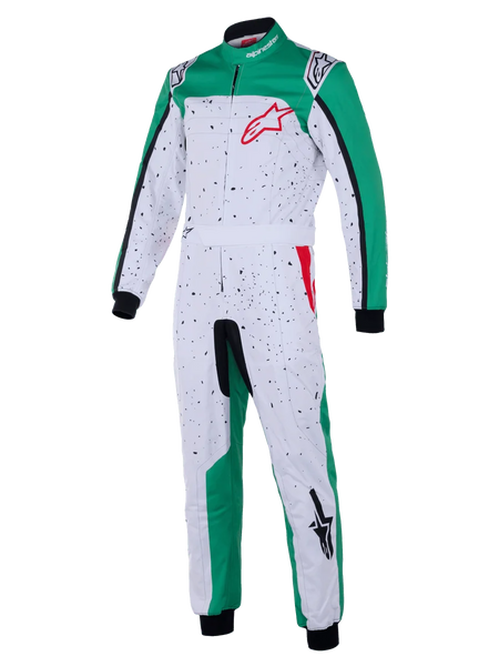Alpinestars Youth KMX-9 V3 Graphic 6 Suit, Karting Racing Suit, White Green and Red, featuring a black speckled pattern on a white base, green panels, integrated waist belt, black cuffs, and red logo accents, youth motorsport apparel