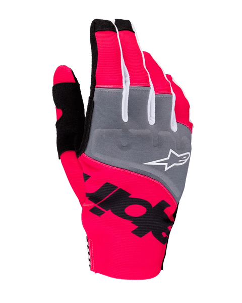 Alpinestars 2025 Techstar Gloves, Motocross Gloves, Pink Fluo Gray and Black, featuring gray knuckle panels with white logo, bold black branding on neon pink stretch fabric, lightweight design with white accents for off-road performance