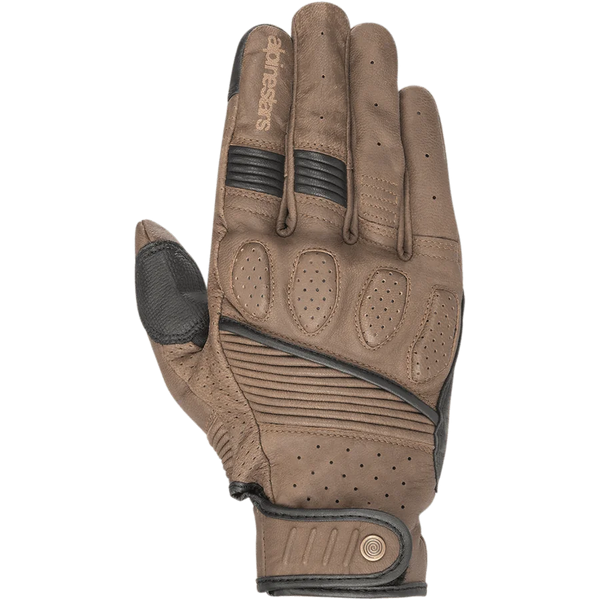Alpinestars Crazy Eight Gloves, Brown and Black Motorcycle Gloves, premium perforated leather construction, padded knuckle protection, accordion stretch panels, heritage-style snap button wrist closure, urban riding gear