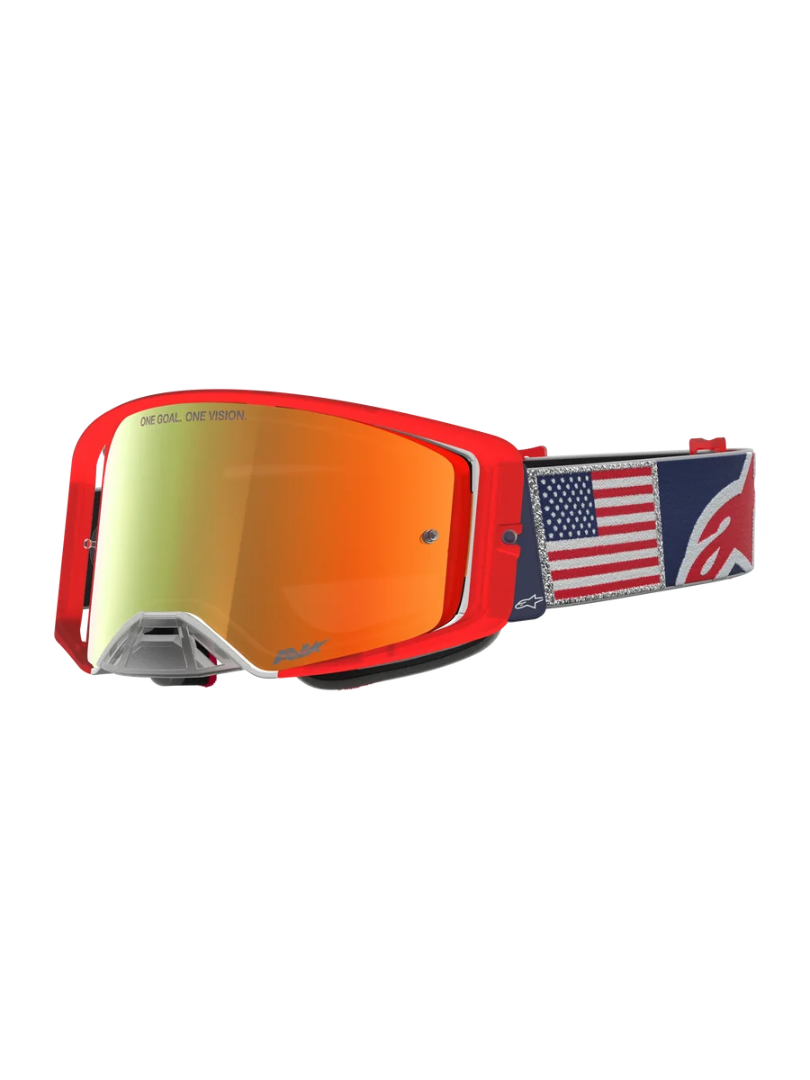 Alpinestars Supertech Fiftyfold Goggles, blue and red limited edition MX eyewear with mirrored lens and USA flag strap.