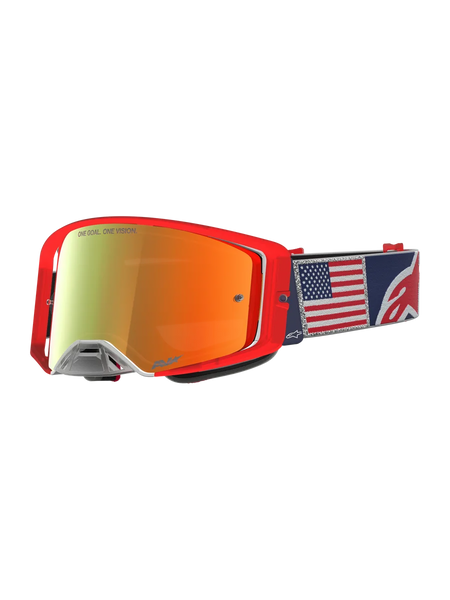 Alpinestars Supertech Fiftyfold Goggles, blue and red limited edition MX eyewear with mirrored lens and USA flag strap.