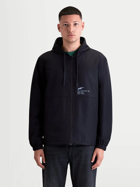 Alpinestars Speeder Resolve Windbreaker Jacket, Lightweight Hooded Sportswear for Men, Black, Windproof Textile Construction, features Mesh Lining and Adjustable Hood with 'One Goal. One Vision.' Chest Branding