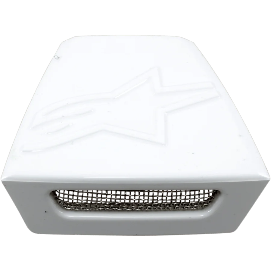 Alpinestars Supertech M10/M8 Helmet Rear Vent Frame, Glossy White replacement part, embossed Astar logo on top, rectangular opening with metal mesh grille, motocross helmet accessory