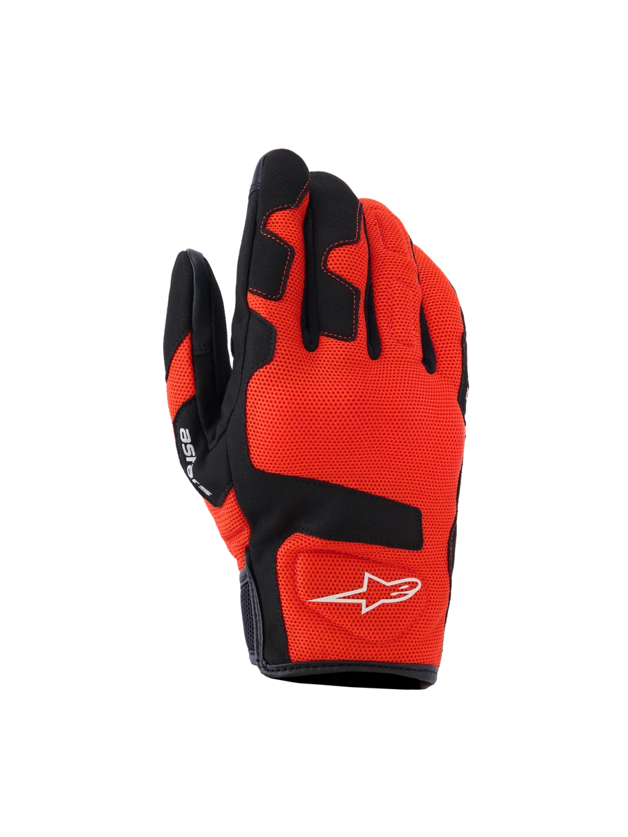 Alpinestars Ignite Gloves, Motorcycle Gloves, Red Tangerine and Black, breathable mesh textile, black reinforcements on fingers and knuckles, white star logo, short cuff design