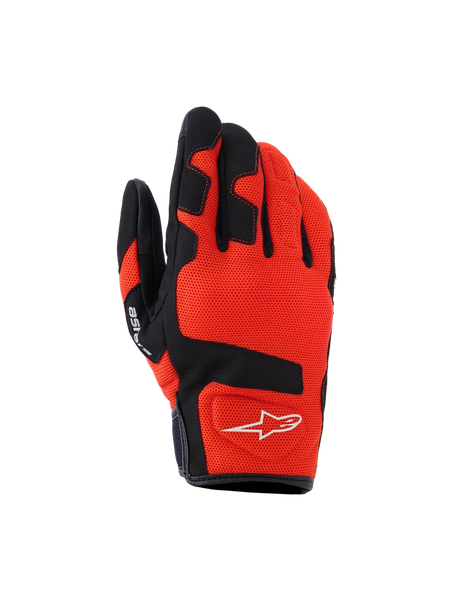 Alpinestars Ignite Gloves, Motorcycle Gloves, Red Tangerine and Black, breathable mesh textile, black reinforcements on fingers and knuckles, white star logo, short cuff design