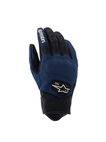 Alpinestars Tracker Gloves, Urban Motorcycle Gloves, Dark Blue and Black, textile backhand with perforated leather fingers and cuff, stretch accordion inserts, heritage 1963 logo patch, workwear-inspired style