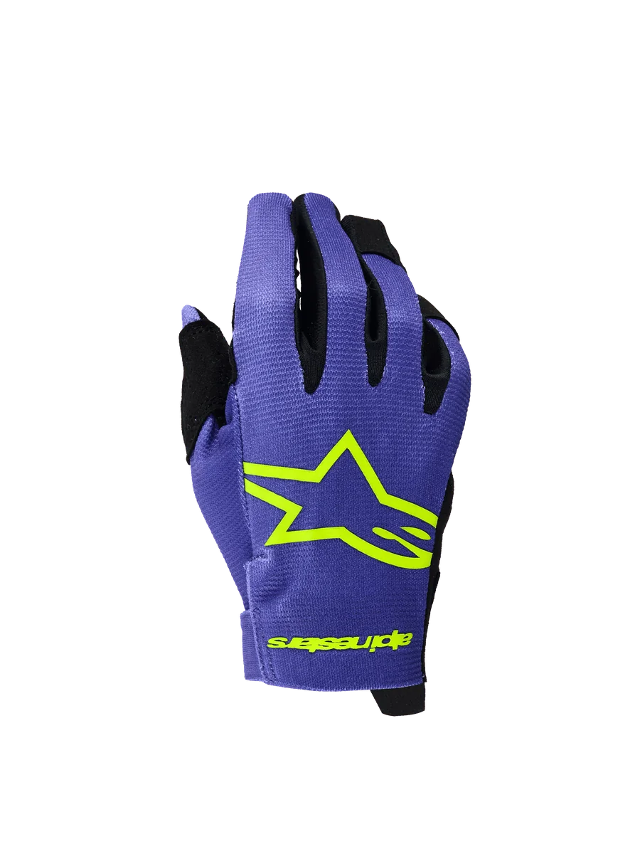 Alpinestars 2026 Youth Radar Gloves, Motocross and MTB Gloves, Purple and Yellow Fluo, featuring a bold neon yellow star logo and branding, black accents between fingers, lightweight textured fabric for off-road racing