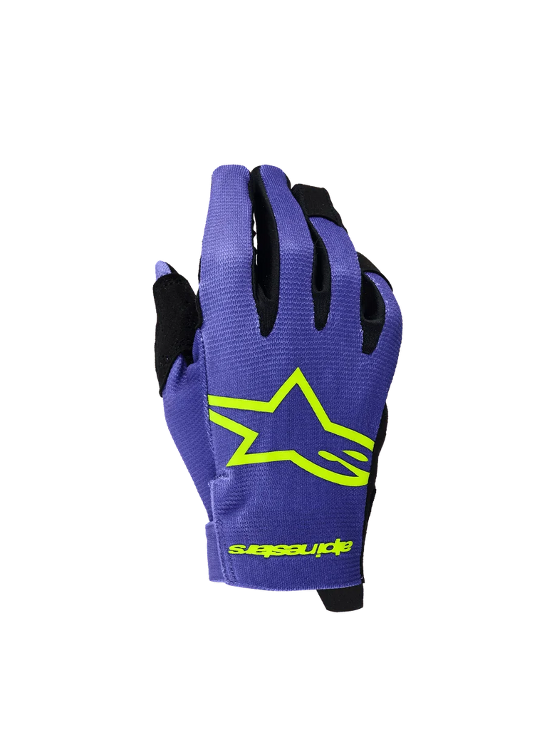 Alpinestars 2026 Youth Radar Gloves, Motocross and MTB Gloves, Purple and Yellow Fluo, featuring a bold neon yellow star logo and branding, black accents between fingers, lightweight textured fabric for off-road racing