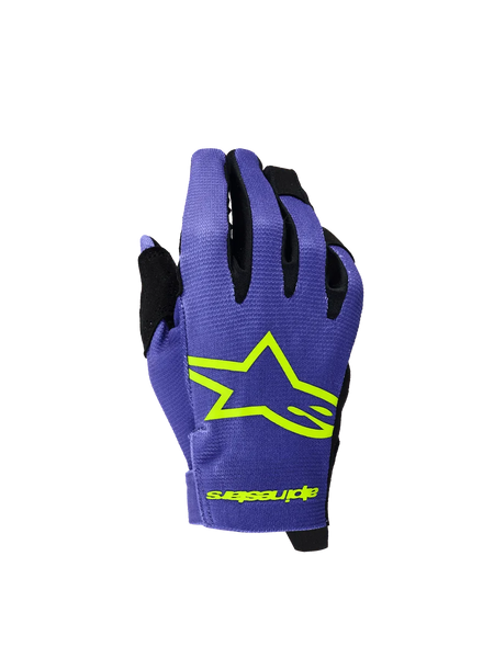 Alpinestars 2026 Youth Radar Gloves, Motocross and MTB Gloves, Purple and Yellow Fluo, featuring a bold neon yellow star logo and branding, black accents between fingers, lightweight textured fabric for off-road racing