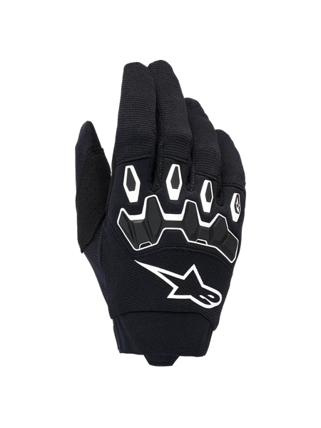 Alpinestars Full Bore V2 Gloves, Motocross Gloves, Black and White, backhand view showing ergonomic TPR knuckle protection with hexagonal shapes, white Alpinestars logo, breathable stretch textile construction, durable off-road racing gear