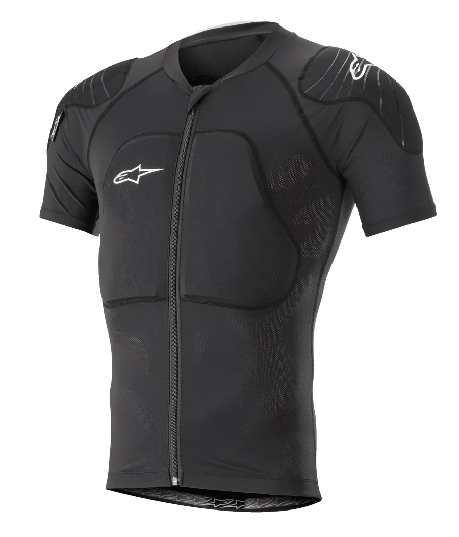 Alpinestars Paragon Lite Protection Jacket Short Sleeve, Black, MTB mountain bike body armor featuring integrated shoulder and chest padding, front zipper, breathable mesh fabric, white Alpinestars logos, fitted design for trail riding