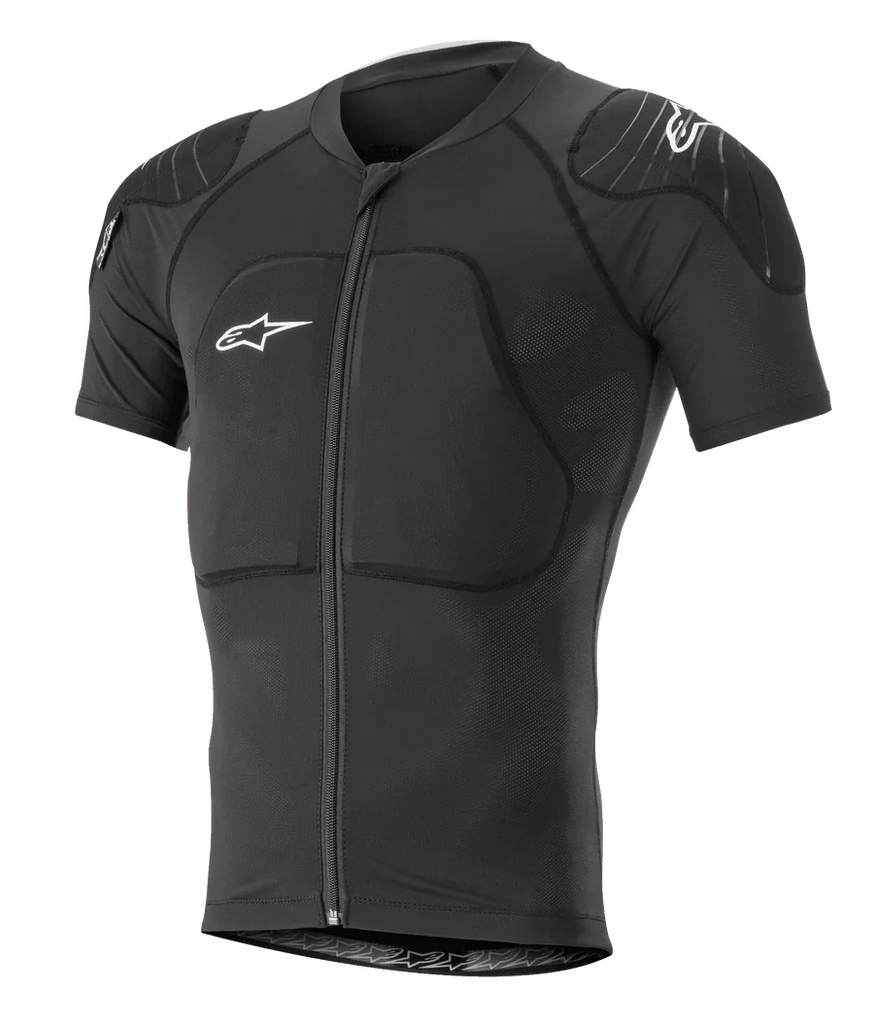 Alpinestars Paragon Lite Protection Jacket Short Sleeve, Black, MTB mountain bike body armor featuring integrated shoulder and chest padding, front zipper, breathable mesh fabric, white Alpinestars logos, fitted design for trail riding