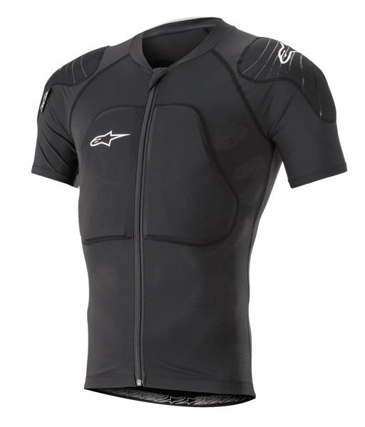 Alpinestars Paragon Lite Protection Jacket Short Sleeve, Black, MTB mountain bike body armor featuring integrated shoulder and chest padding, front zipper, breathable mesh fabric, white Alpinestars logos, fitted design for trail riding