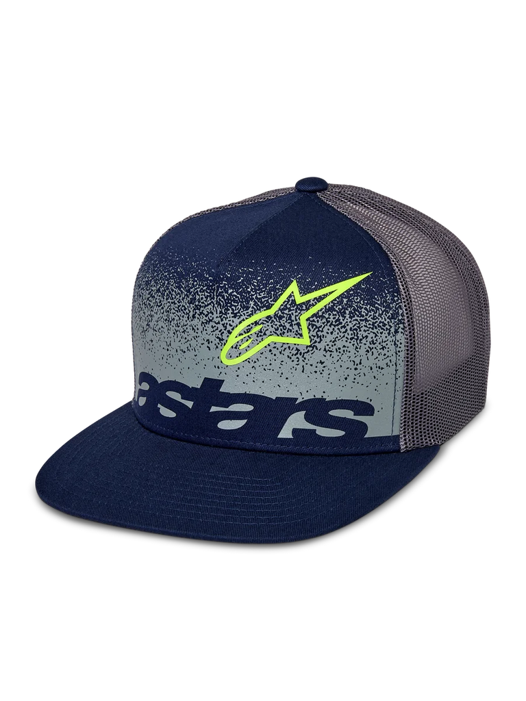 Alpinestars Component Trucker Hat, Navy and Grey, flat bill with structured crown, grey mesh back, featuring a lime green Astars logo outline and navy wordmark over a grey speckled MX gradation front panel.
