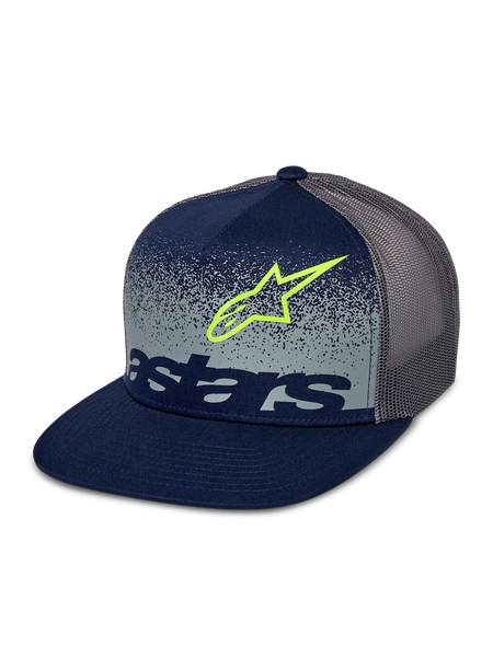 Alpinestars Component Trucker Hat, Navy and Grey, flat bill with structured crown, grey mesh back, featuring a lime green Astars logo outline and navy wordmark over a grey speckled MX gradation front panel.