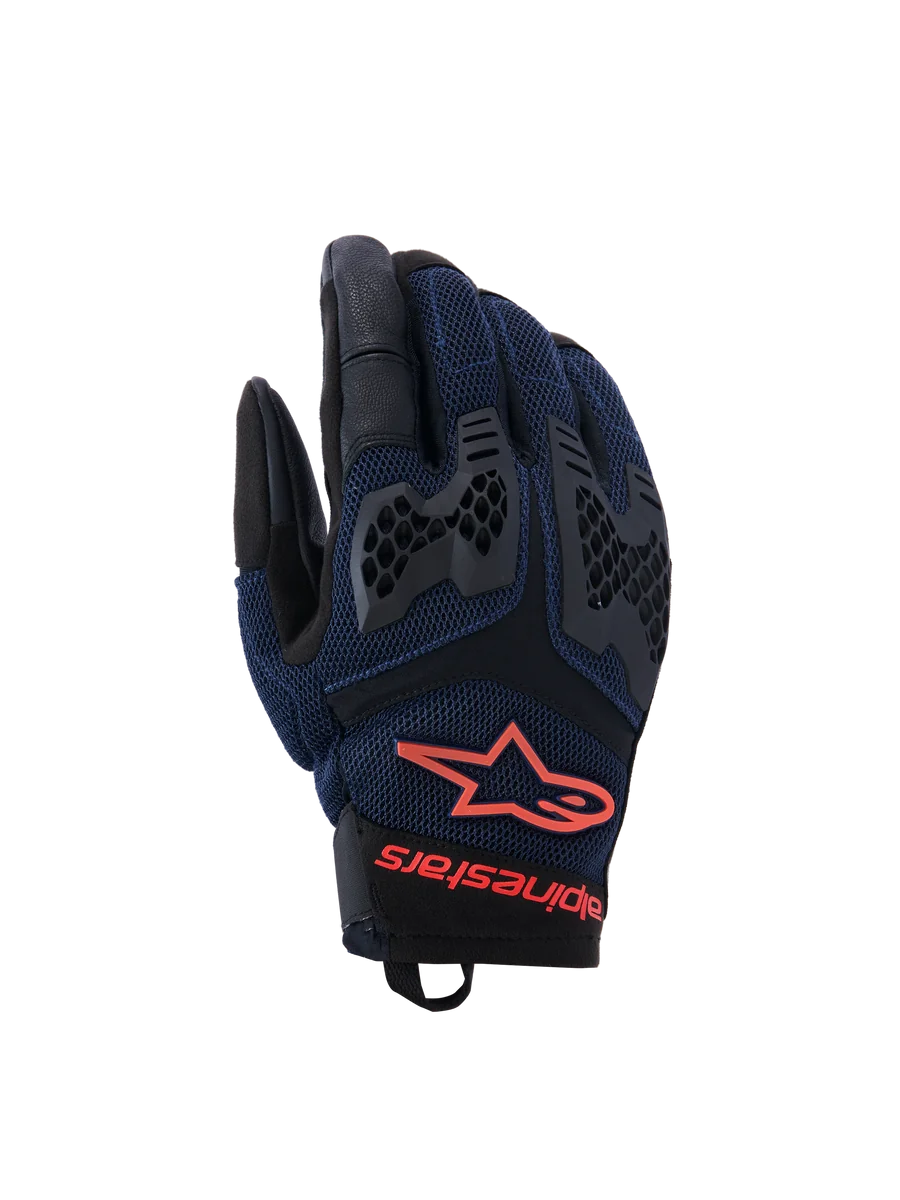 Alpinestars Manti Air Gloves, Motorcycle Riding Gloves, Deep Blue and Black with Red Fluo accents, featuring breathable mesh construction and honeycomb TPU knuckle protection, Alpinestars star logo and branding on the wrist, designed for summer adventure riding