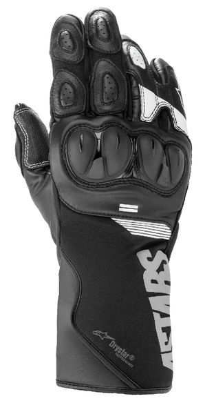 Alpinestars SP-365 Drystar® Gloves, Motorcycle Sport-Road Gloves, Black with White and Silver Accents, hard knuckle protection, long cuff with Drystar logo, leather and softshell construction
