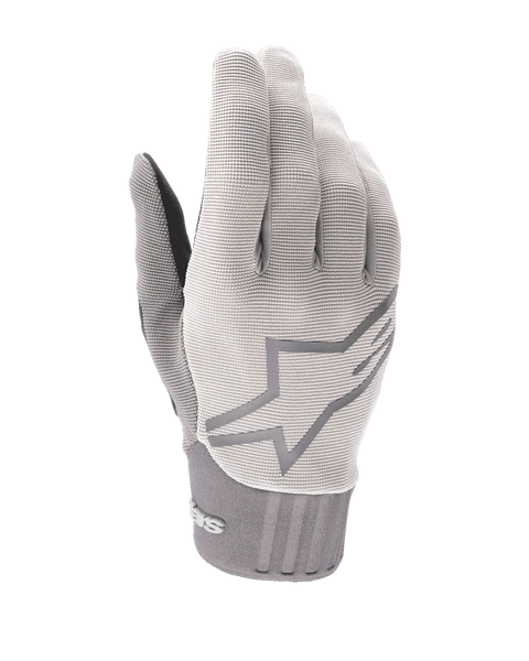 Alpinestars A-Dura Gel Gloves, Mountain Bike Cycling Gloves, Light Gray, textured fabric with large star logo on backhand, neoprene cuff, ergonomic gel-padded palm design for off-road riding