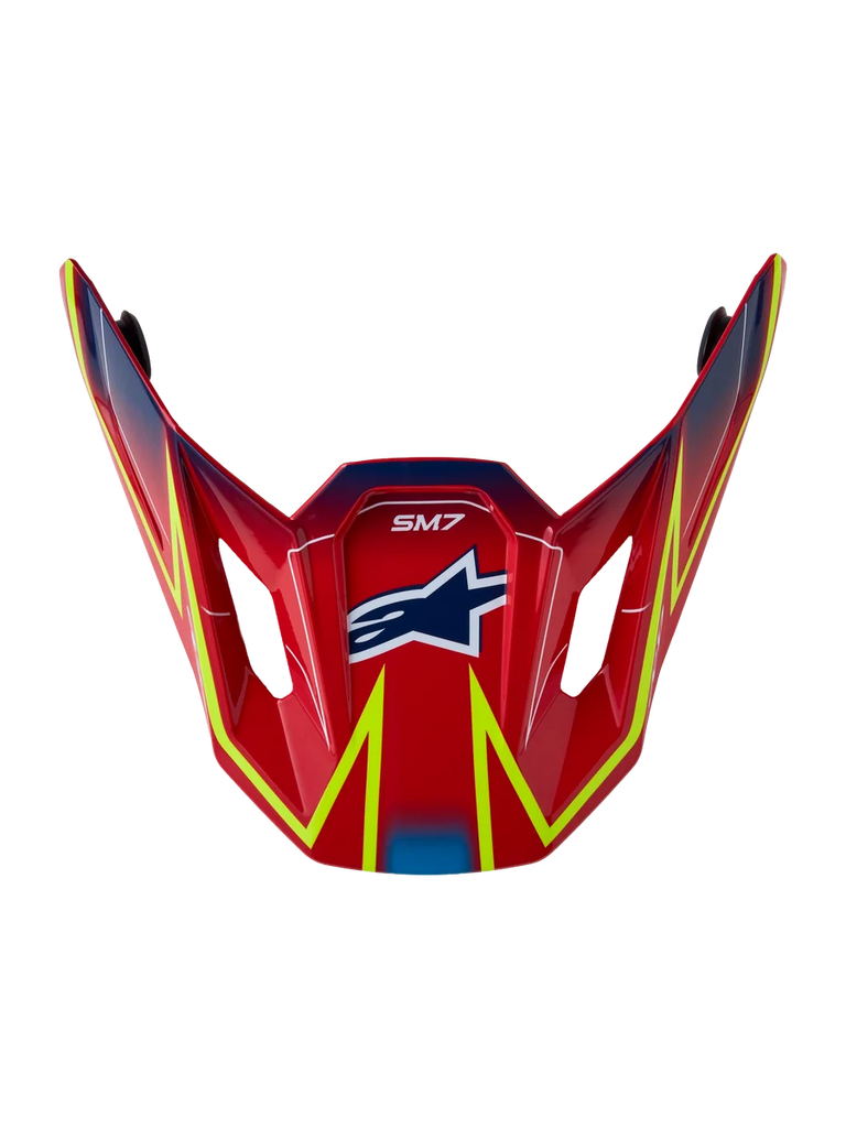 Alpinestars S-M7 Cast Visor, official motocross replacement part in glossy red with fluo yellow and blue graphics.