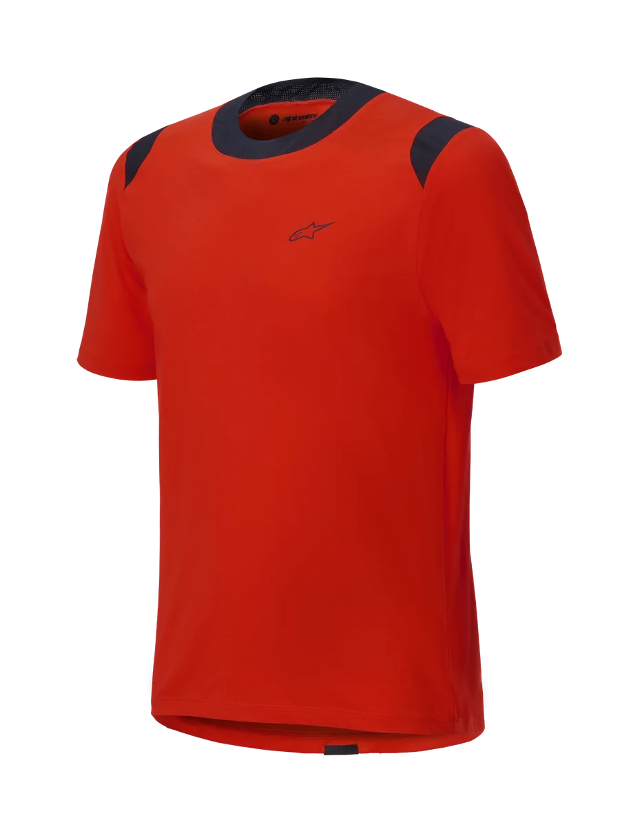 Alpinestars A-Dura Dri Wool Short Sleeve Jersey, Spicy Orange with black mesh panels on the collar and shoulders, minimalist design with a small chest logo, technical mountain bike apparel