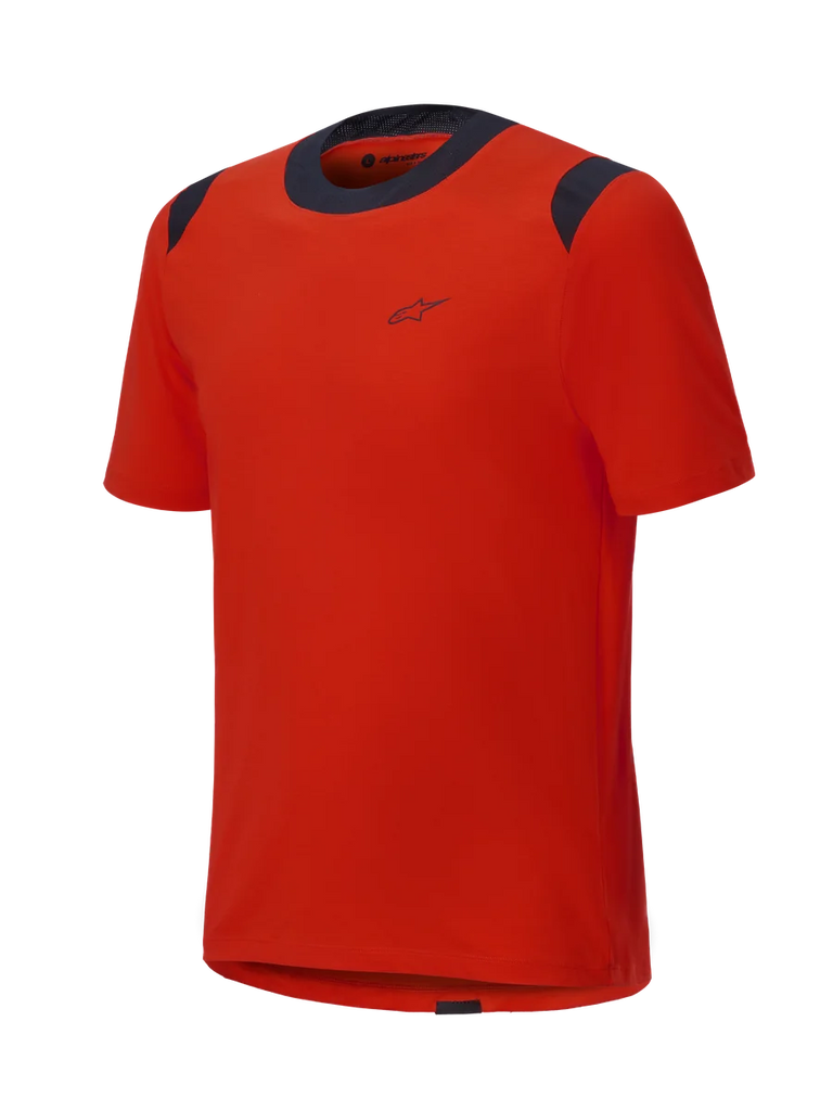 Alpinestars A-Dura Dri Wool Short Sleeve Jersey, Spicy Orange with black mesh panels on the collar and shoulders, minimalist design with a small chest logo, technical mountain bike apparel