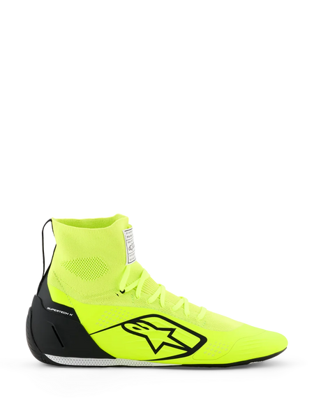 Alpinestars Supertech K Shoes - FIA, Karting Shoes, Yellow Fluo and Black, side profile view, fully knitted upper with high-top ankle collar, black TPU heel counter, large black Alpinestars logo, lightweight racing footwear