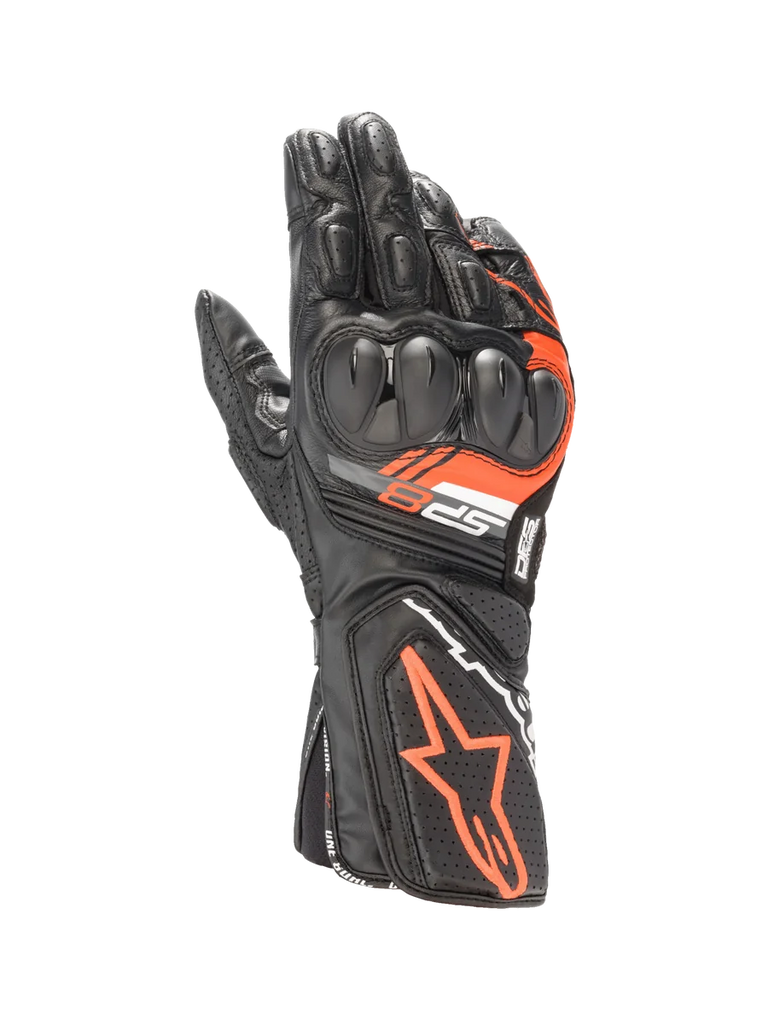 Alpinestars SP-8 V3 Leather Gloves in Black and Red Fluo, motorcycle racing gloves with dual-density knuckle protection.