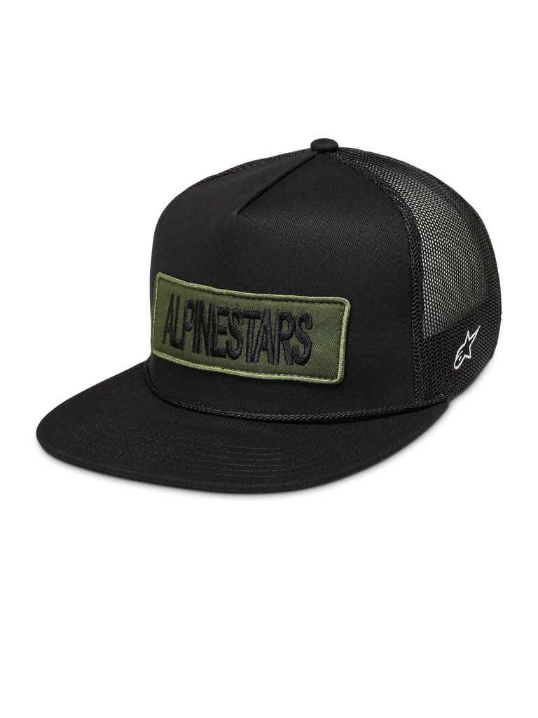 Alpinestars Ten Trucker Hat in black with an olive green embroidered logo patch and breathable mesh back.