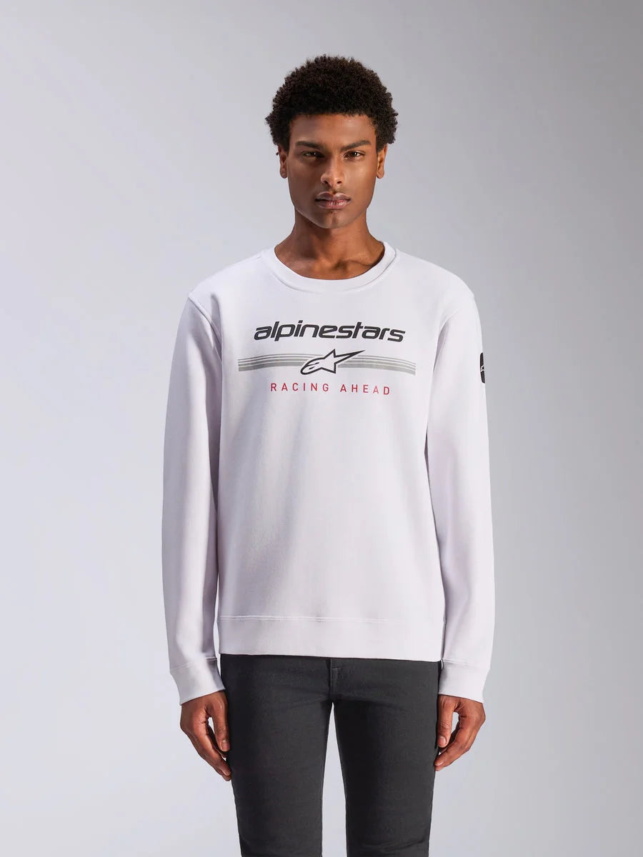 Alpinestars Bettern Crew, Crewneck Sweatshirt, White, featuring black Alpinestars logo with gray horizontal stripes and red 'RACING AHEAD' text, casual motorsport streetwear