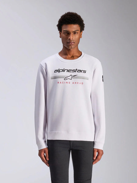 Alpinestars Bettern Crew, Crewneck Sweatshirt, White, featuring black Alpinestars logo with gray horizontal stripes and red 'RACING AHEAD' text, casual motorsport streetwear