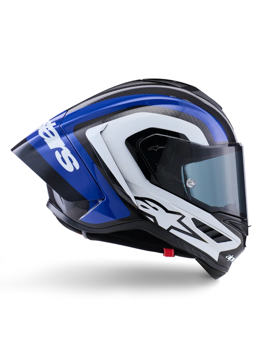 Alpinestars Supertech R10 Arius Helmet, full-face racing helmet, Black White and Blue Glossy finish, aerodynamic side view showing carbon fiber shell and large rear spoiler with Alpinestars logo, professional motorcycle protective gear