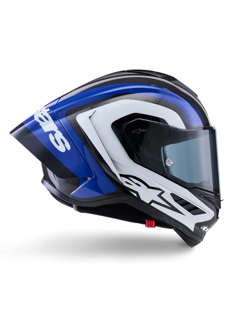 Alpinestars Supertech R10 Arius Helmet, full-face racing helmet, Black White and Blue Glossy finish, aerodynamic side view showing carbon fiber shell and large rear spoiler with Alpinestars logo, professional motorcycle protective gear